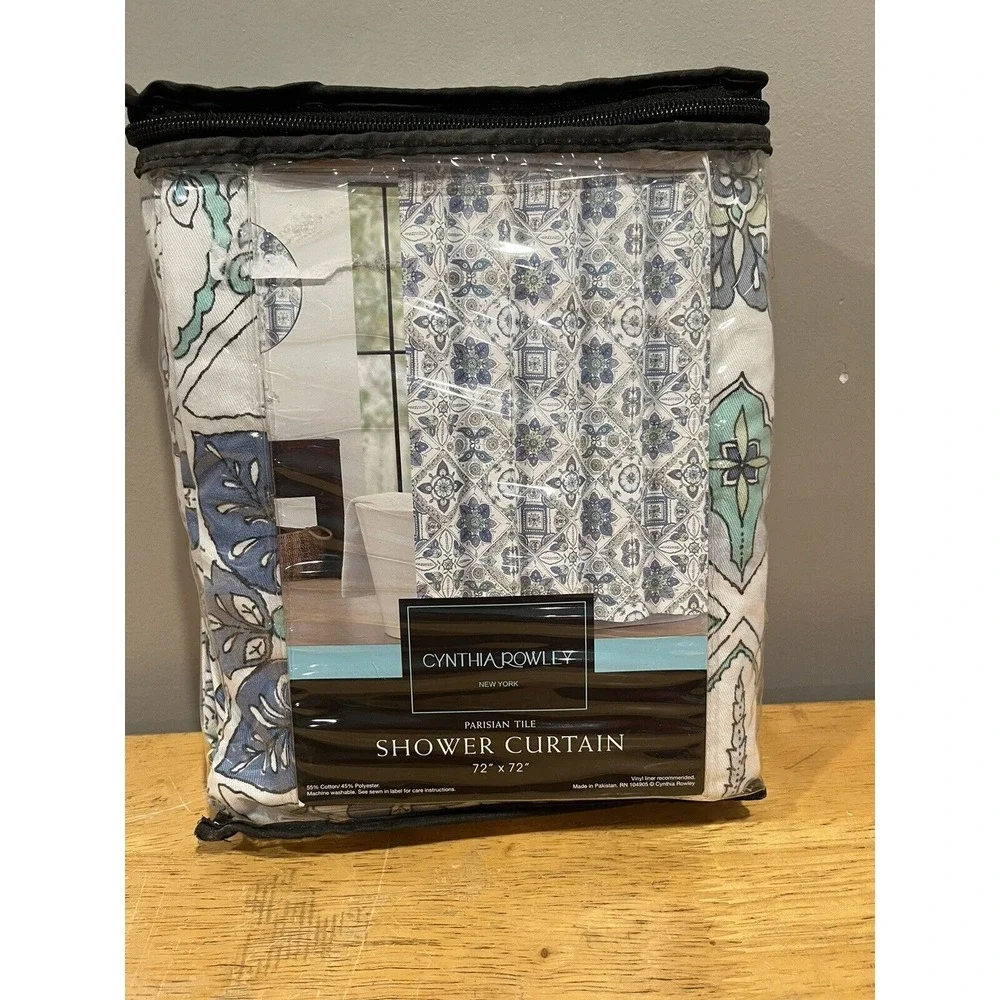 Cynthia Rowley Parisian‎ Tile Shower Curtain Blue Teal Medallion Boho 72x72 NEW